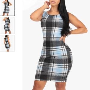 Multicolor Blue Plaid Print Knit Dress